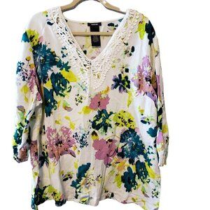 Premise Womens Belize City Floral Lace-Trim Tunic Top Linen/Rayon Blend Size XXL